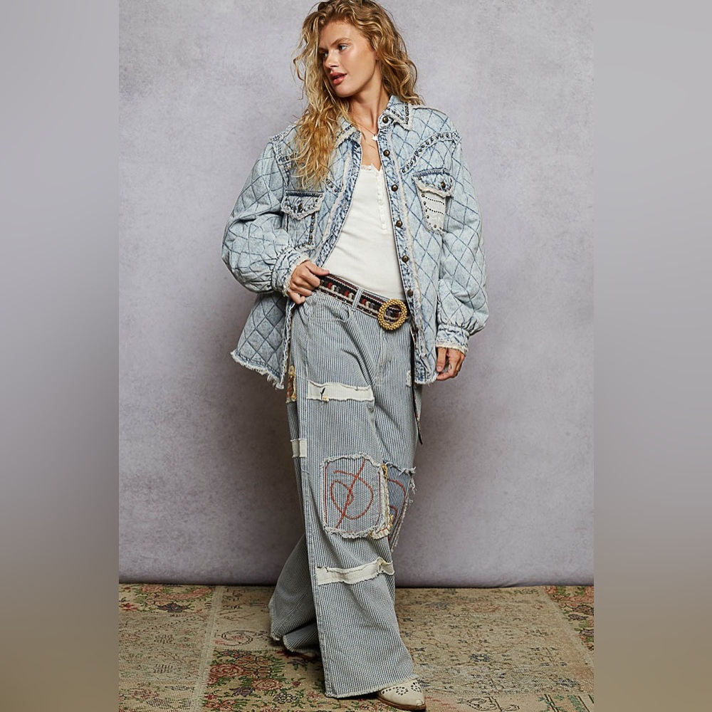 P03 Last 1 New POL Quilted Denim Jacket with Studded Details - Picture 7 of 7